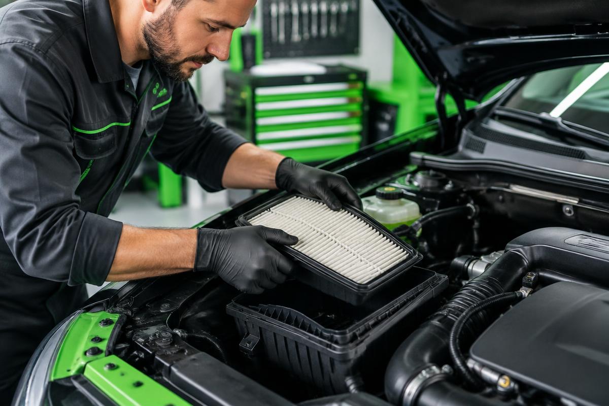 Mechanic replacing an engine air filter