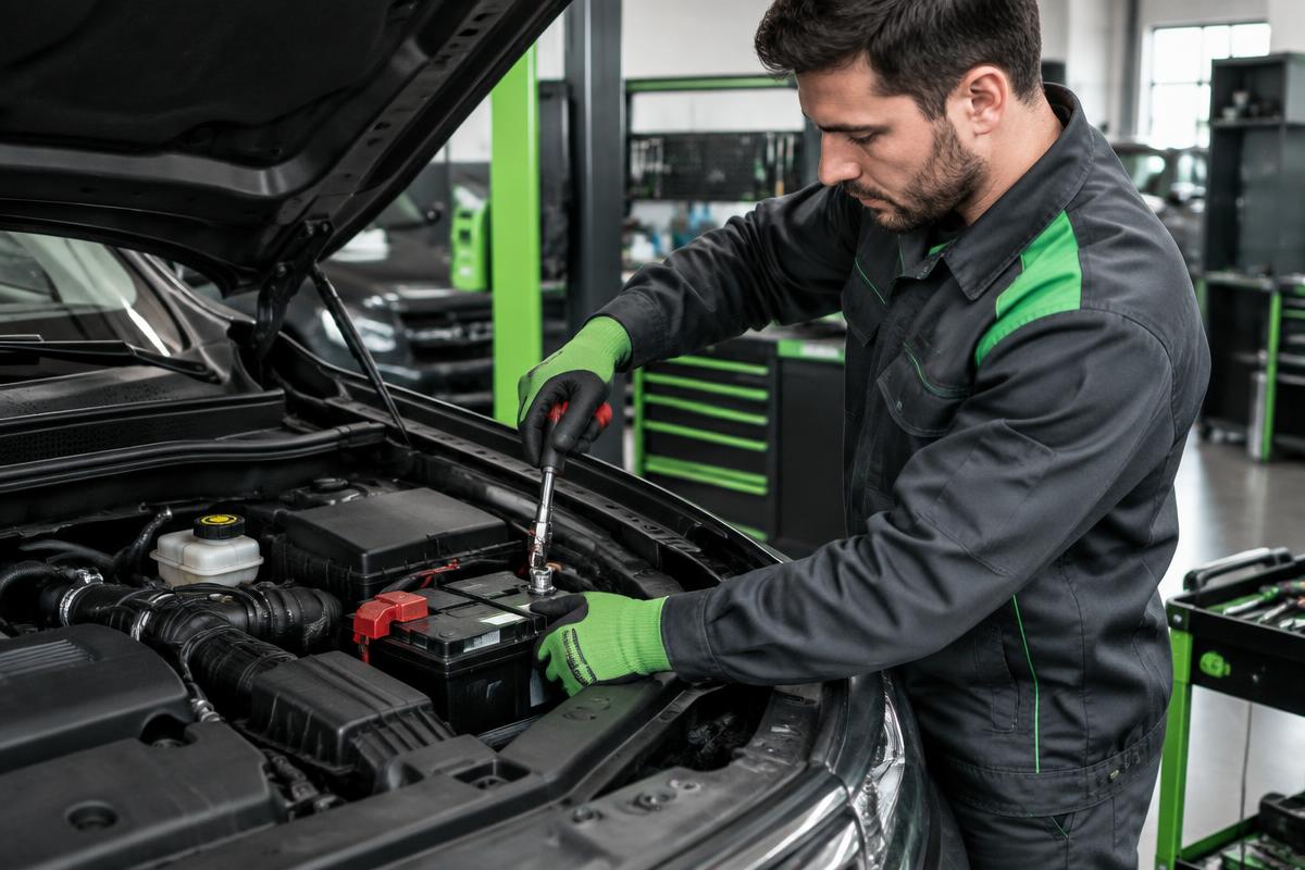 Technician replacing a vehicle battery