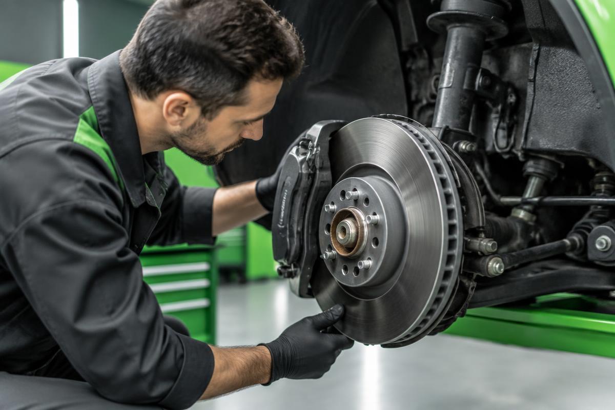 Mechanic inspecting a brake rotor and caliper