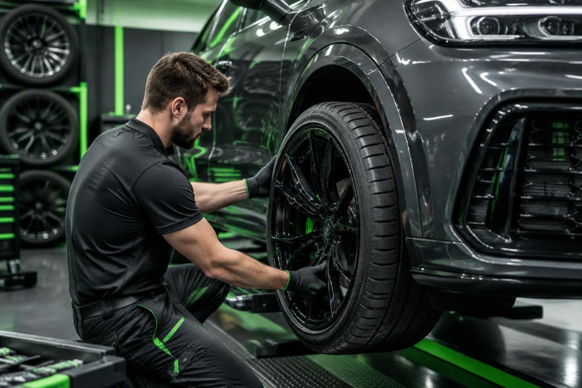 Technician fitting a custom alloy wheel