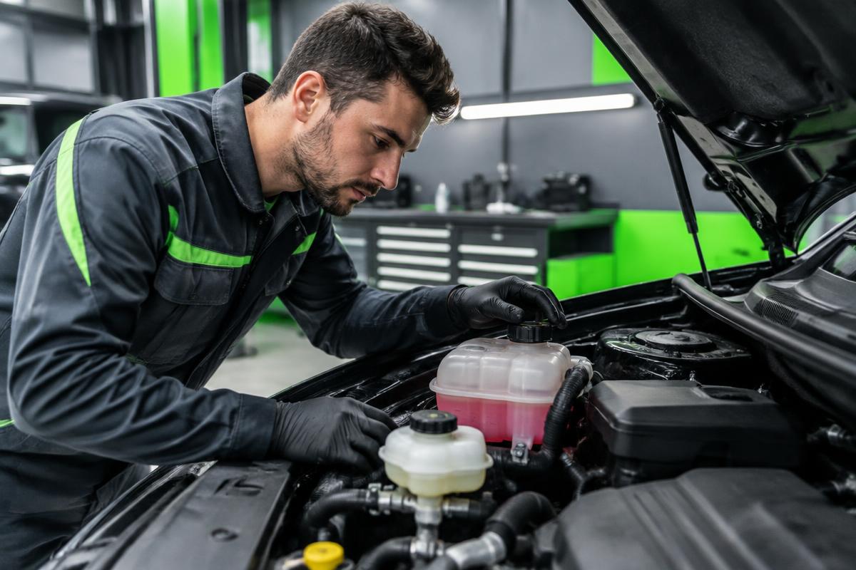 Mechanic inspecting fluid reservoirs under a hood