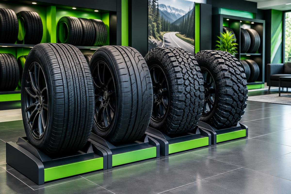 New tires with different tread patterns in a showroom