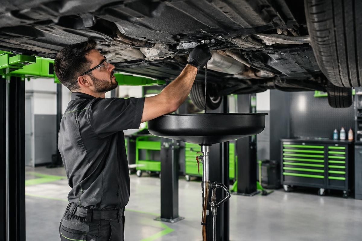 Mechanic draining engine oil from a raised vehicle