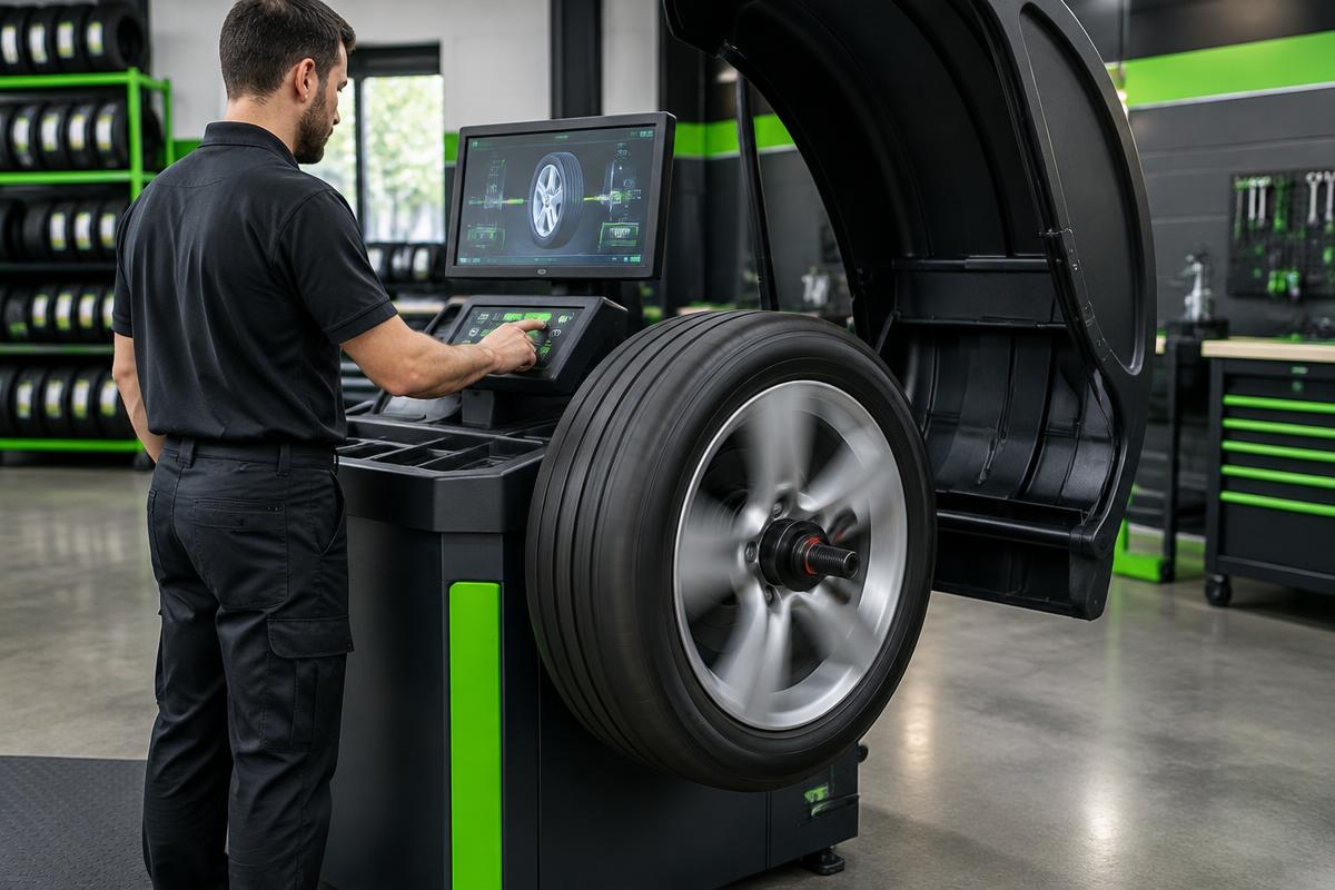 Wheel and tire on a computerized balancing machine