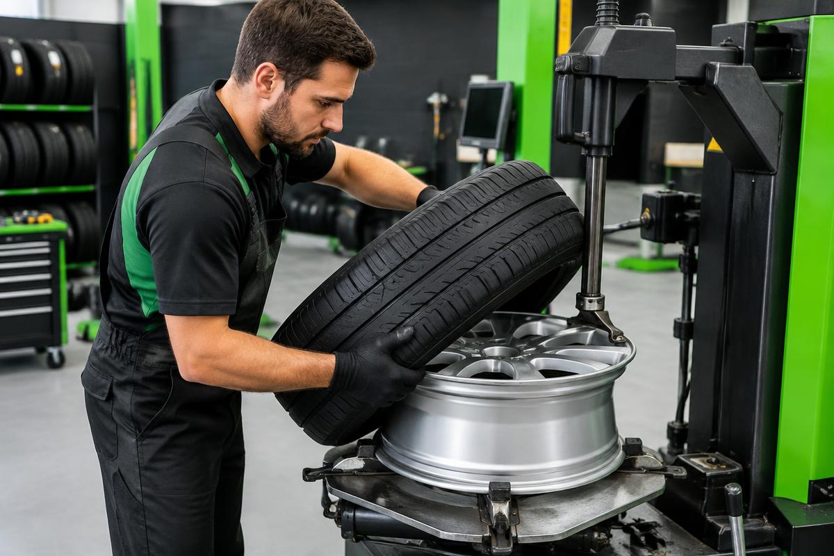 Technician mounting a tire onto an alloy wheel