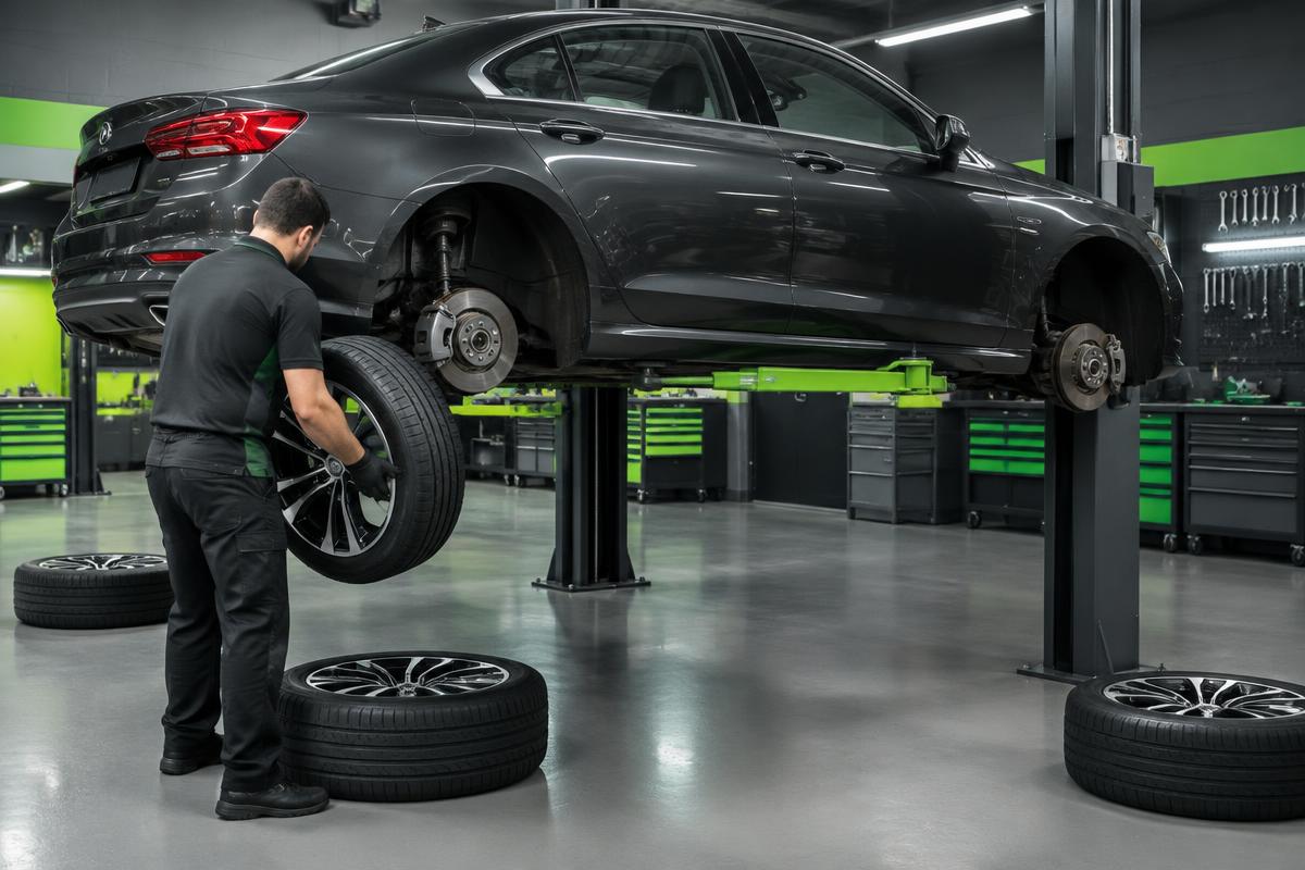 Mechanic rotating tires on a raised vehicle